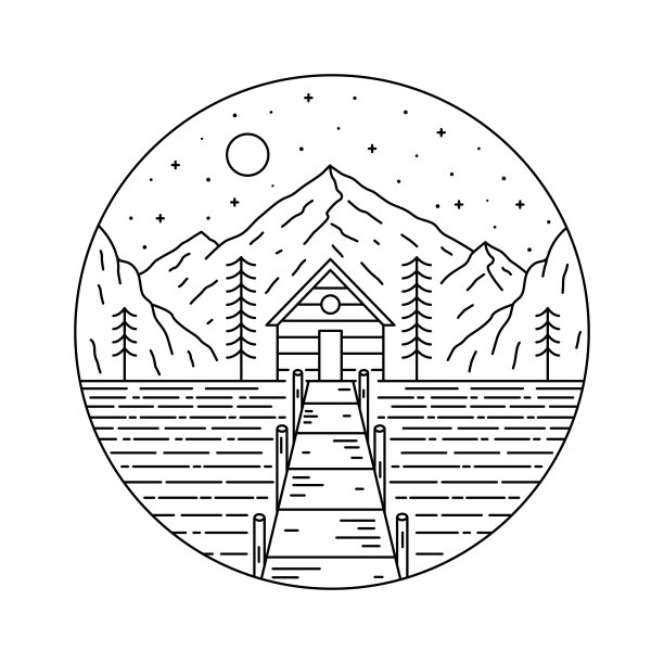 自然山上的小屋与木码头在单线艺术，贴片徽章设计，徽章设计，t恤设计图片下载