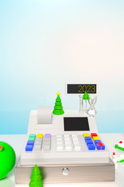 背景与收银机周围的圣诞树和装饰与空白的文字。以节日为主题的模板在商店和零售图片下载