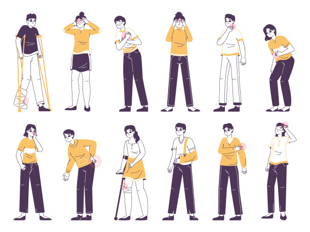 有疼痛，身体受伤，喉咙，胃部或头痛的人。人物遭受病痛折磨，身体疾病，恶劣的医疗条件平面矢量插图集。疾病和疼痛类型图片下载