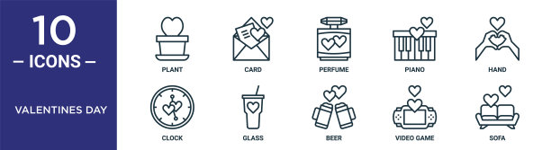 情人节轮廓图标集包括细线植物，香水，手，玻璃，视频游戏，沙发，时钟图标报告，演示，图表，网页设计图片下载