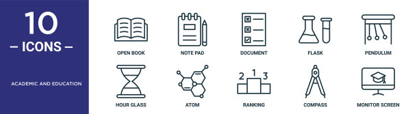 学术和教育大纲图标集包括细线打开的书，文件，钟摆，原子，指南针，显示器屏幕，计时玻璃图标的报告，演示，图表，网页设计图片下载