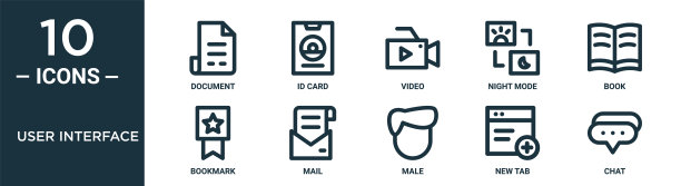 用户界面大纲图标集包括细线文件，视频，书籍，邮件，新标签，聊天，书签图标报告，演示，图表，网页设计图片下载