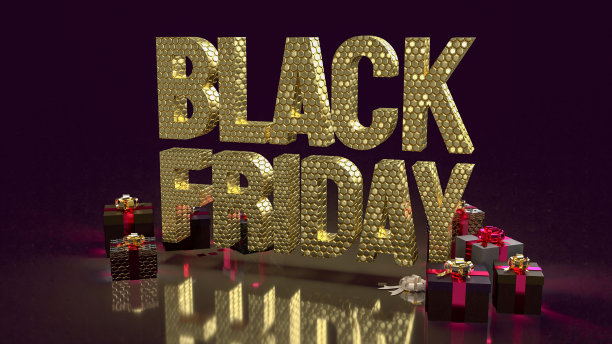 金色黑色星期五和礼品盒上的黑色背景3d渲染图片下载