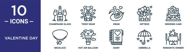 情人节轮廓图标集包括细线香槟杯，天鹅，婚礼蛋糕，热气球，伞，浪漫的晚餐，项链图标报告，演示，图表，网页设计图片下载