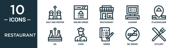 餐厅轮廓图标集包括细线盐和胡椒，餐厅，占位符，厨师，无烟，餐具，油图标的报告，演示，图表，网页设计图片下载