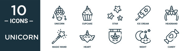 独角兽轮廓图标集包括细线独角兽，星星，发带，心，夜，糖果，魔杖图标的报告，演示，图表，网页设计图片下载