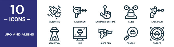 UFO和外星人轮廓图标集包括细线陨石，外星生物，激光枪，UFO，搜索，目标，绑架图标的报告，演示，图表，网页设计图片下载