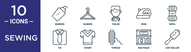 缝纫轮廓图标集包括细线标记，裁缝，羊毛，t恤，精品，皮棉辊，领带图标报告，演示，图表，网页设计图片下载
