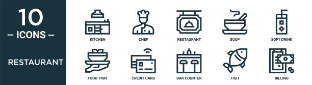 餐厅轮廓图标集包括细线厨房，餐厅，软饮料，信用卡，鱼，账单，食品托盘图标报告，演示，图表，网页设计图片下载