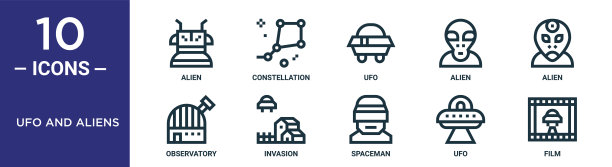 UFO和外星人轮廓图标集包括细线外星人，UFO，外星人，入侵，UFO，电影，天文台的图标报告，演示，图表，网页设计图片下载
