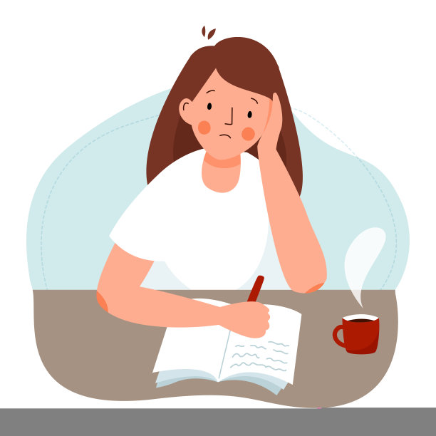 这个女学生做难的家庭作业。学生投入，学习困难。图片下载