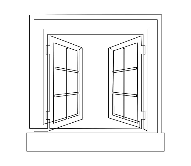 打开有两扇窗扇的窗户。连续的线条画。矢量插图。图片下载