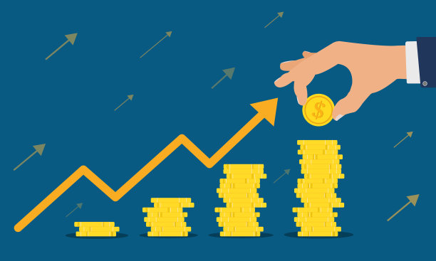 商人的手正在堆金币。在背面，有一个向上的箭头，显示商业领导和金钱的增长。图片下载