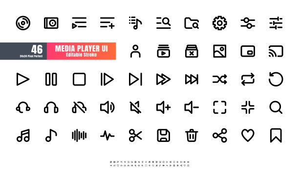24 x24像素完美。多媒体播放器用户界面UI。线轮廓图标。应用程序，网络，打印。可编辑的笔画。2像素笔画宽圆帽和圆角。图片下载