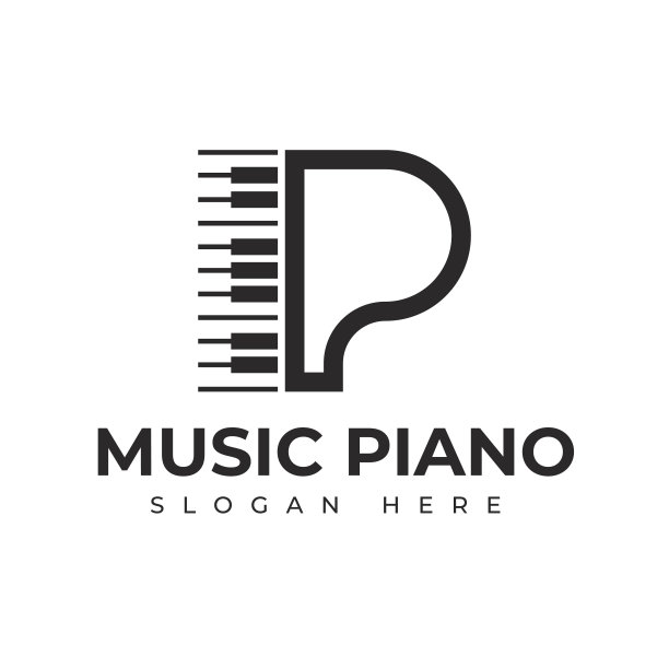 标志字母P钢琴乐器或演奏音乐。配有插图键盘。两种不同的黑白背景分离。适用于logo应用，学校logo，课程。对音乐图片下载