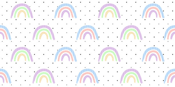 无缝模式与可爱的手绘彩虹在白色背景与黑色圆点图片下载