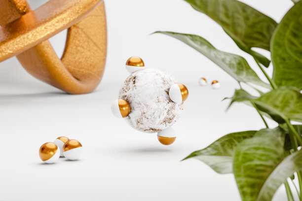 在白色背景的悬浮大理石球表面滚动的半球形。三维渲染图片下载