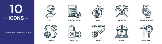 比特币与加密货币轮廓图标集，包含细线ICO、King、智能手机、锁、银行、镐、交易图标，适用于报告、演示、图表、网页设计图片下载