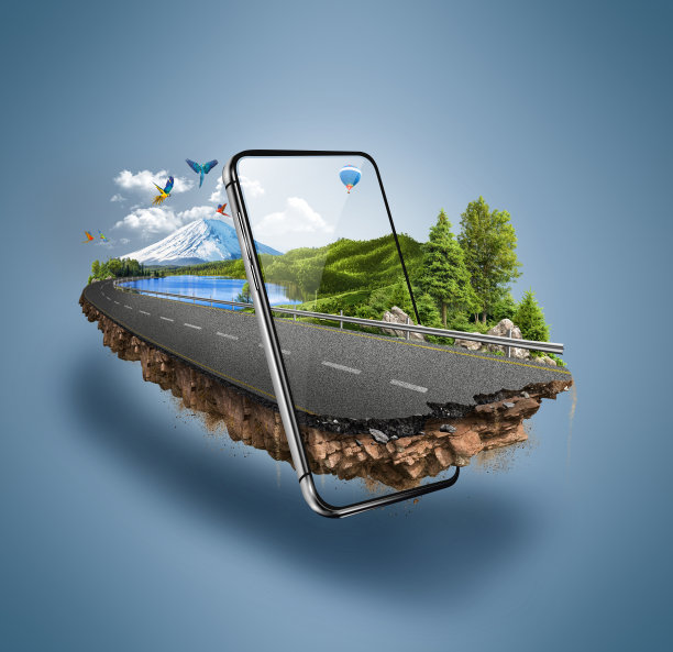 3d道路插画与手机隔离。美丽的风景路与智能手机。图片下载