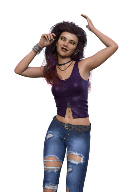 一个女人穿着破旧的牛仔裤和紫色的皮革上衣，双手在空中跳舞的插图。图片下载