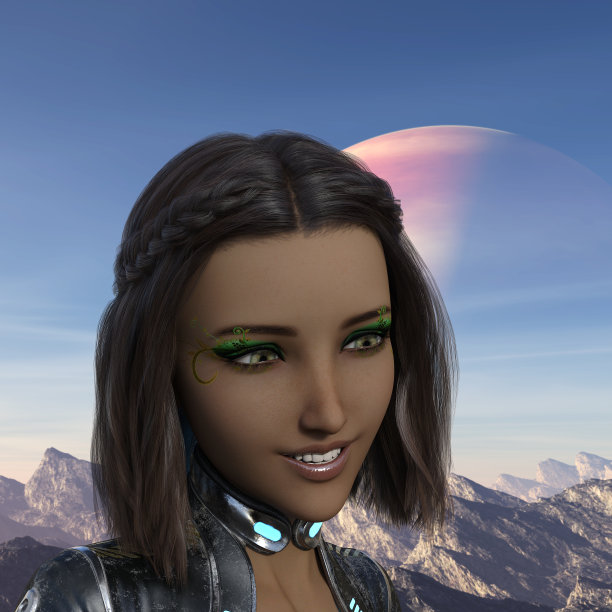 3d插图的深色肤色的妇女微笑在前景与上升的星球在背景图片下载