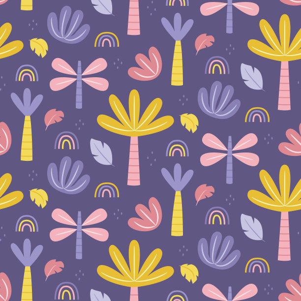 花可爱的矢量无缝模式与植物，棕榈树，树，灌木，石头，树叶图片下载