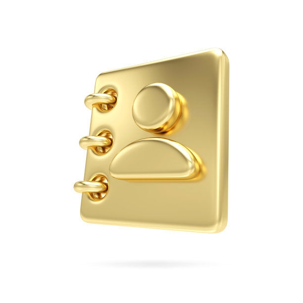 金色通讯录图标。3d联系记录隔离在白色背景。电话簿、通讯录或笔记本。联系信息，商业伙伴，数字沟通概念。三维渲染图片下载