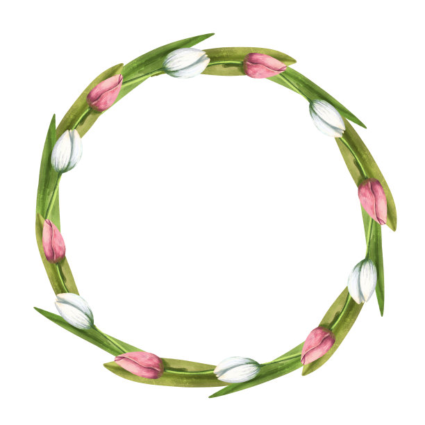 郁金香花的框架。可爱的卡通插图。新鲜的春花。浪漫的成分。粉色和白色的花。节日装饰。婚礼的边界框。邀请卡。图片下载