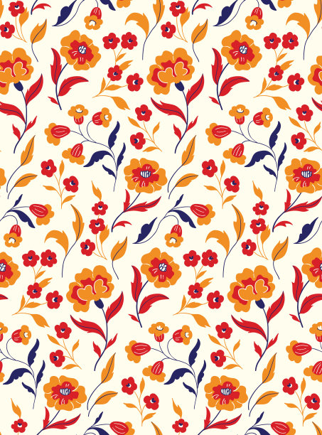 传统民俗风格的无缝花卉图案，白色背景上的野花、树叶、草本植物的抽象排列。向量。图片下载