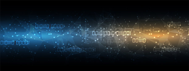 二进制码字节通过网络运行。抽象的未来技术，网络空间图片下载