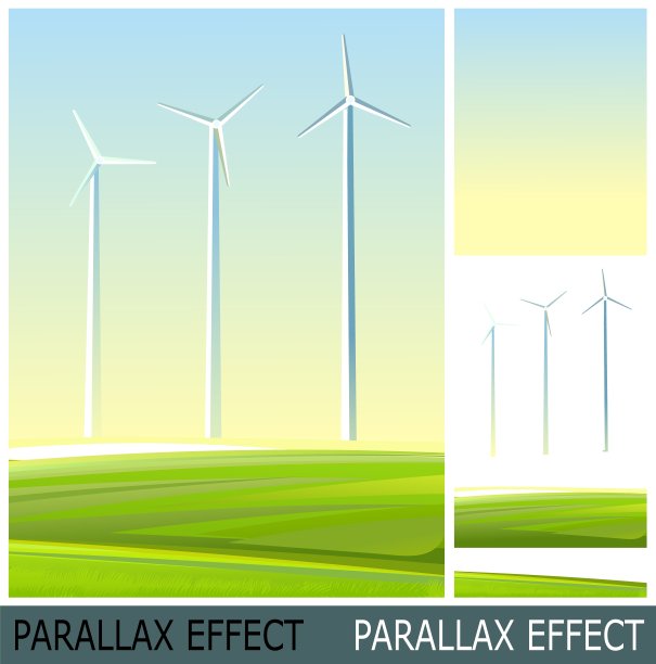 带叶片的风力涡轮机。电力发电机。背景图片。创新。可持续的可再生能源。图像从图层叠加与视差效果。向量。图片下载