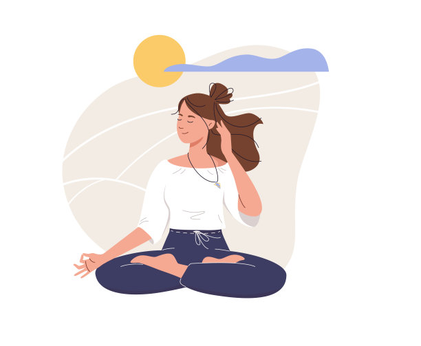 年轻女子坐瑜伽莲花姿势。健康的生活方式的概念。向量的卡通插图图片下载