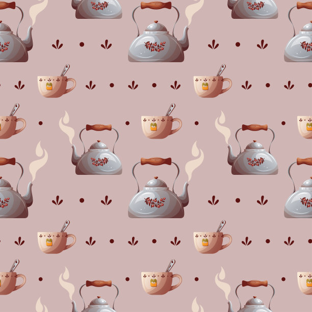 水壶和茶杯的无缝图案。图片下载