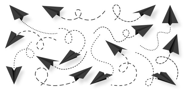 各种逼真的黑色纸飞机集合。手工折纸飞机与虚线涂鸦路线。经营理念要素、项目启动与目标实现。矢量图图片下载