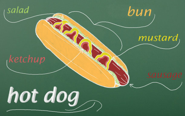 热狗画。香肠夹在面包里，加番茄酱和芥末图片下载