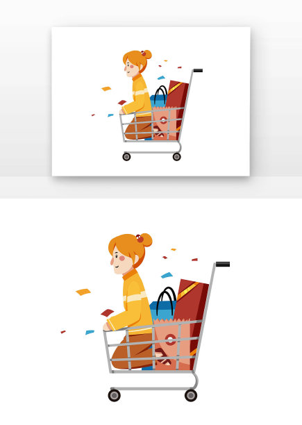 购物人物坐在购物车图片下载