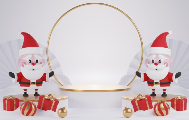 3d渲染圣诞快乐圣诞老人与平台产品展示的背景色。图片下载