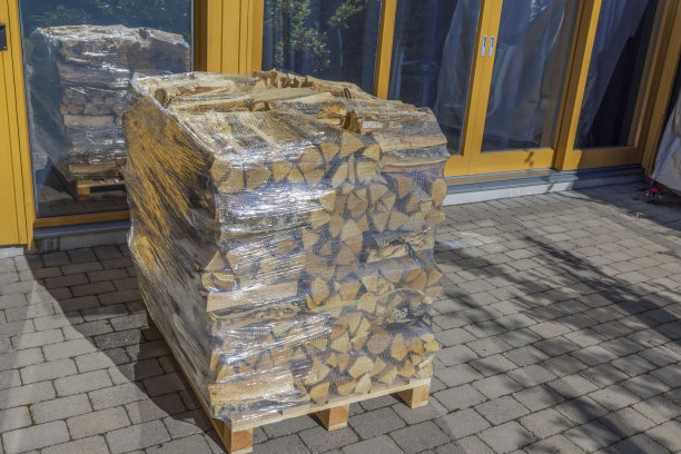 近景桦木在运输网包裹在塑料薄膜前的现代别墅外立面。瑞典。图片下载