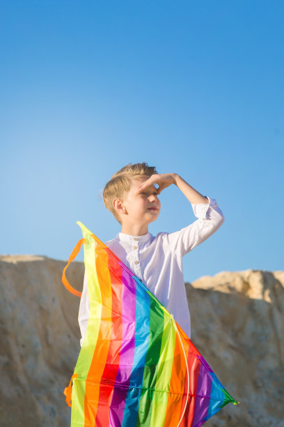 一个8-9岁的孩子拿着风筝的肖像。一个金发男孩站在高高的山上眺望远方图片下载