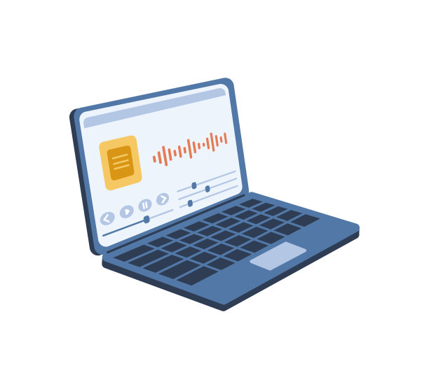 在笔记本电脑上播放播客或音乐歌曲，独立的个人电脑与在线流媒体平台，用于教育和娱乐。矢量平面卡通风格图片下载