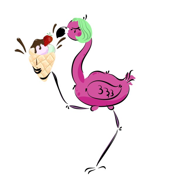 可爱的火烈鸟配冰淇淋。粉红色的有趣的鸟。图片下载