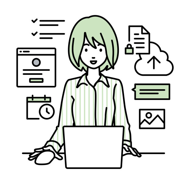 一名穿着衬衫的女士在办公桌前使用笔记本电脑浏览网站、搜索资料、在云端共享文件、安排日程、管理项目、组织任务以及与团队沟通图片下载