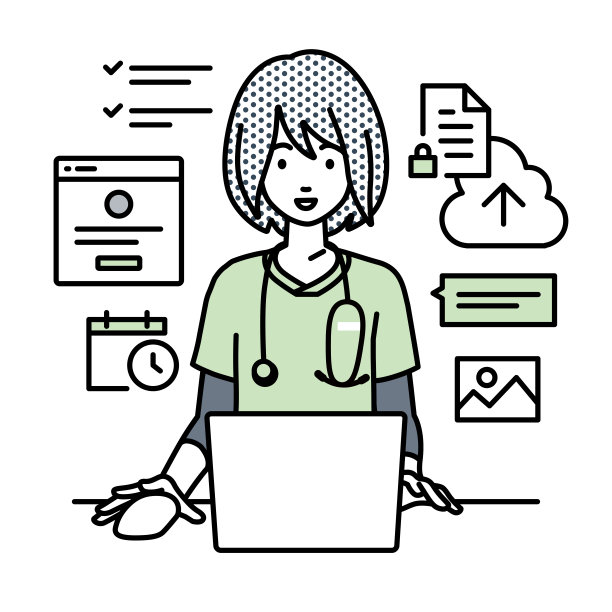 一位女护士在她的办公桌上用笔记本电脑浏览网站、搜索资料、在云端共享文件、安排日程、管理项目、组织任务以及与团队沟通图片下载