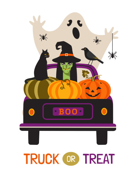 卡车或对待万圣节幽灵可怕可爱的矢量图片下载