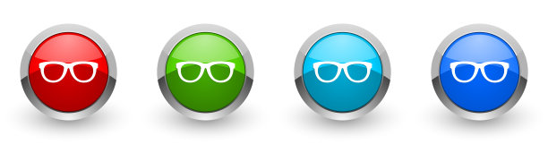 眼镜网络图标，一套银色金属圆形按钮孤立在白色背景图片下载