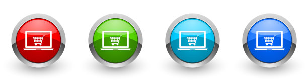 网上商店网站图标，一套银色金属圆形按钮孤立在白色背景图片下载