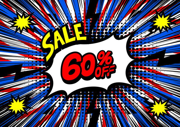 六折优惠的漫画风格刘海形状的背景。波普艺术漫画打折促销横幅。图片下载