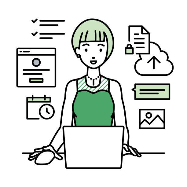 一个穿着衣服的女人在她的办公桌上用笔记本电脑浏览网站、搜索资料、在云端共享文件、安排日程、管理项目、组织任务以及与团队沟通图片下载