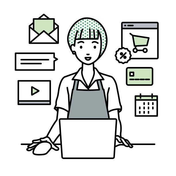 一个穿着咖啡围裙的女人正在用笔记本电脑浏览网站、数字营销、支付、管理网上商店，并在她的办公桌上为顾客提供服务图片下载