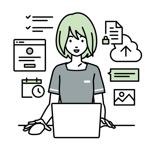 一位美学家、女接待员使用笔记本电脑浏览网站、研究、共享云上的文件、安排、管理项目、组织任务和与她办公桌上的团队沟通图片下载